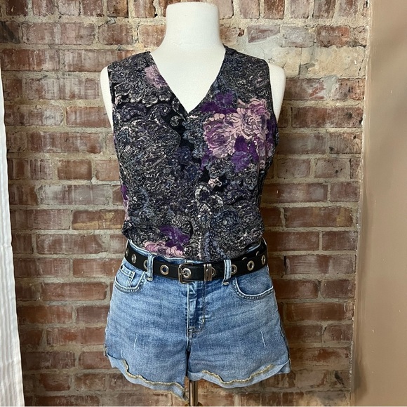 Y2K Purple Floral Paisley Sheer and Lace Sleeveless Top/Tank -Size M -TP17 - Picture 1 of 9